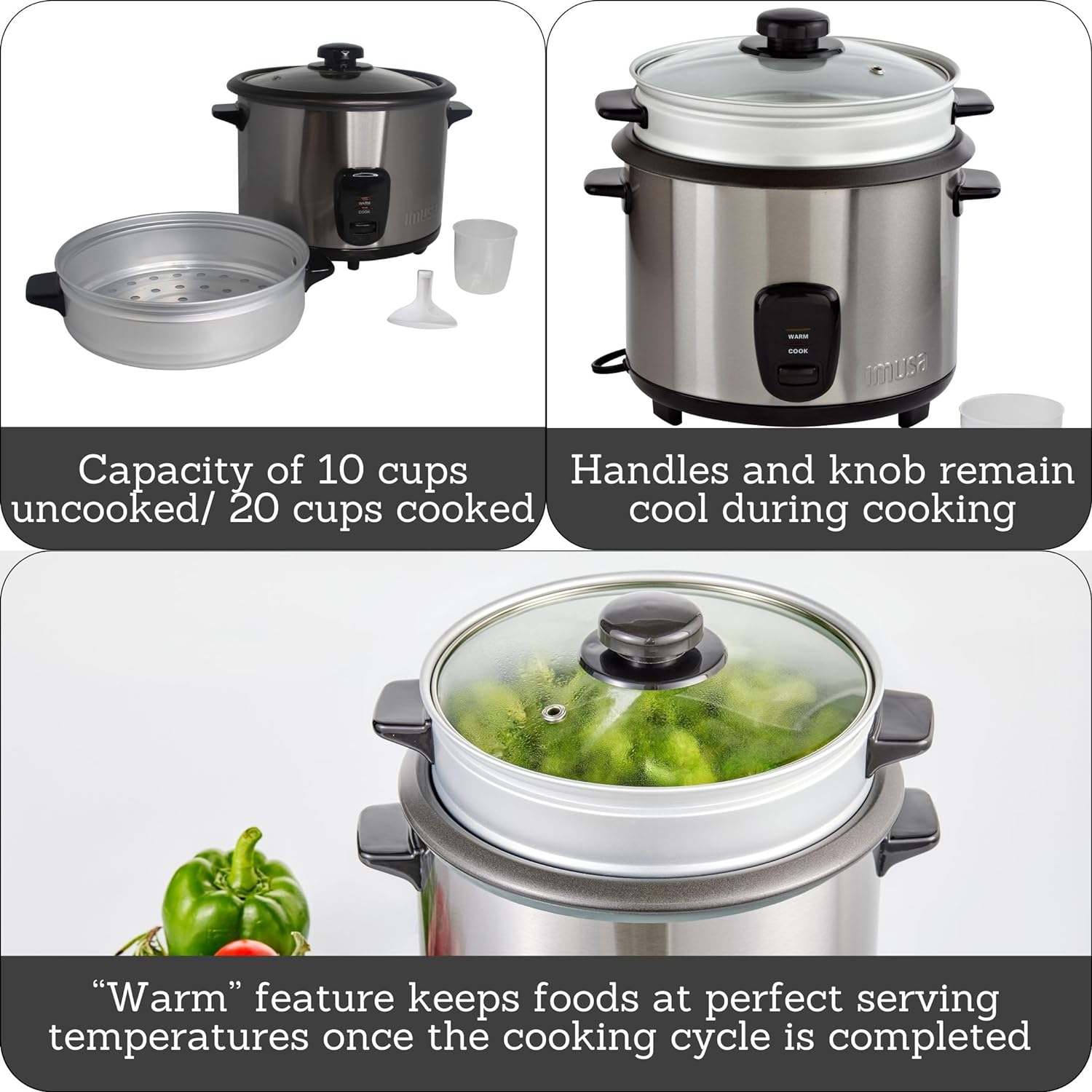 IMUSA USA GAU-00023 Electric Rice Cooker with Steam Tray 10-Cup Uncooked Rice (20-Cup Cooked Rice), Stainless Steel - 2