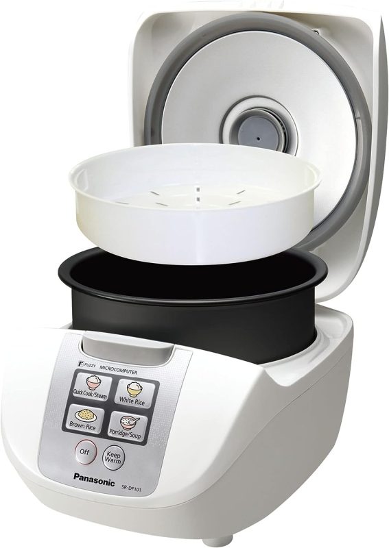 Panasonic 5 Cup (Uncooked) Rice Cooker with Fuzzy Logic and One-Touch Cooking for Brown Rice, White Rice, and Porridge or Soup – 1.0 Liter – SR-DF101 (White) - 1