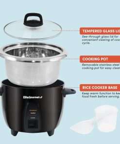Elite Gourmet ERC2010B Electric Rice Cooker with Stainless Steel Inner Pot Makes Soups, Stews, Porridge's, Grains and Cereals, 10 cups cooked, Black - 3
