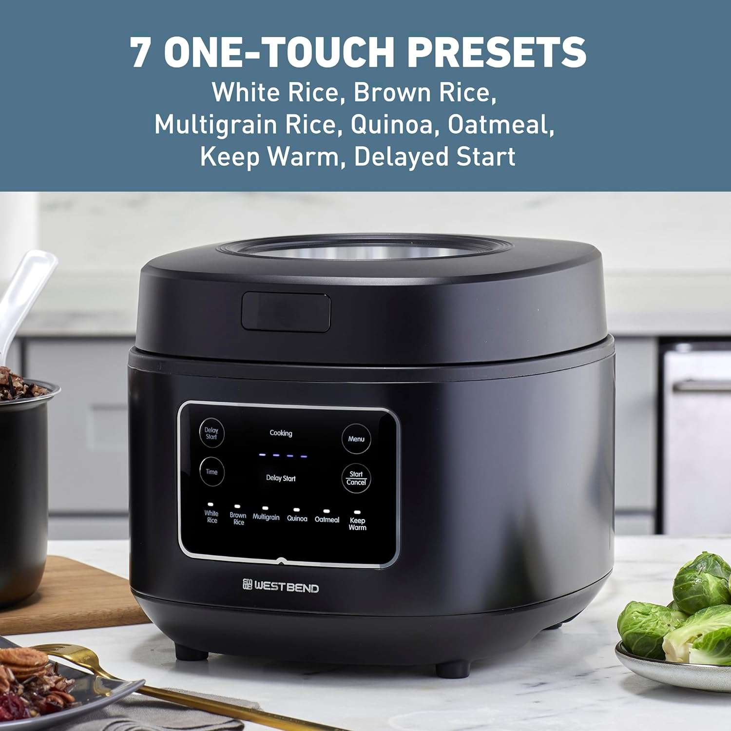 West Bend Programmable Rice & Grain Cooker with 7 Preset Functions, Includes Delay Start and Keep Warm, Features Easy View Window & Steam Basket, 12 Cups Cooked - 4