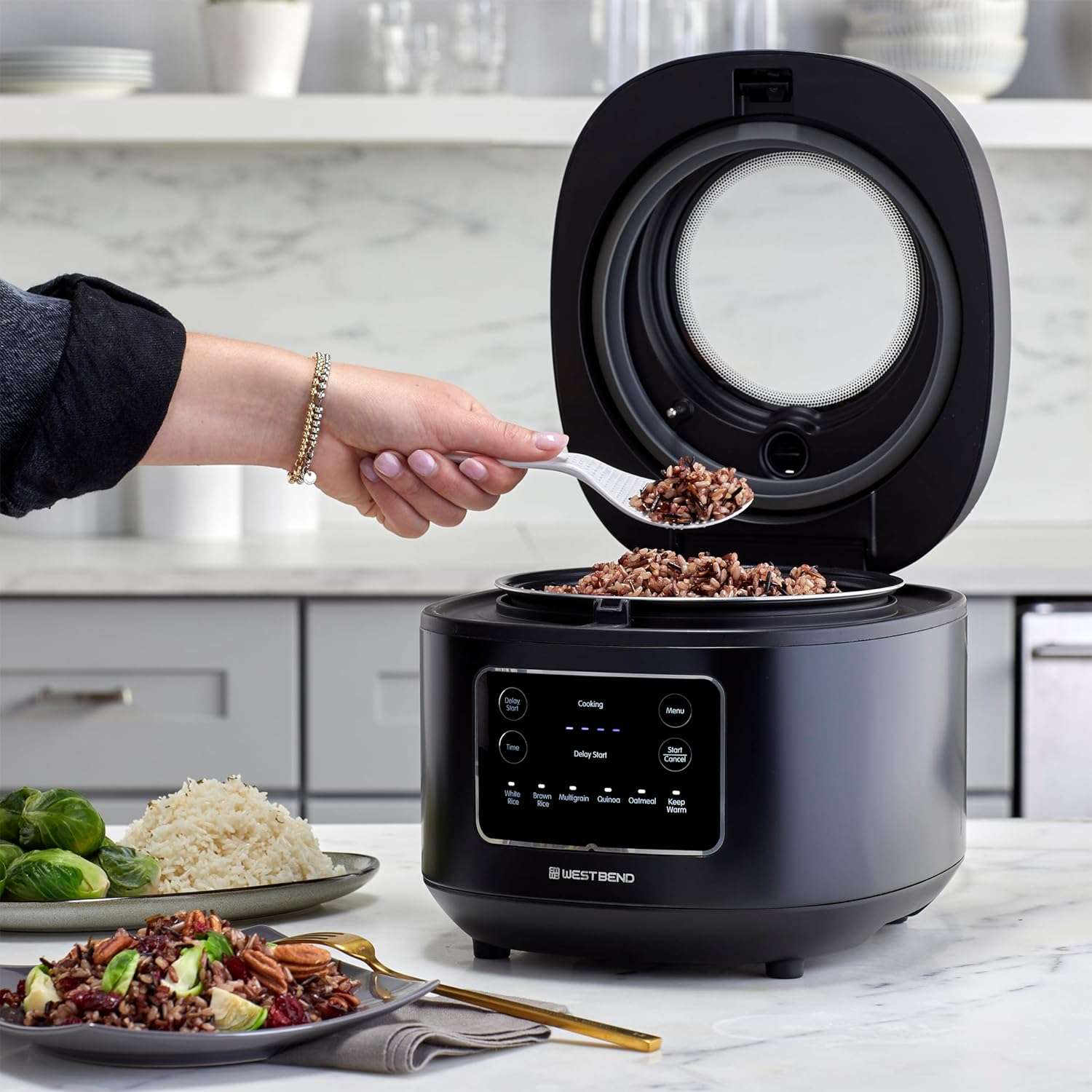 West Bend Programmable Rice & Grain Cooker with 7 Preset Functions, Includes Delay Start and Keep Warm, Features Easy View Window & Steam Basket, 12 Cups Cooked - 9