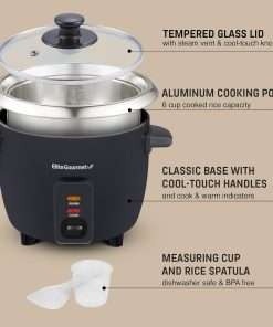 Elite Gourmet ERC003B Electric Rice Cooker with Automatic Keep Warm Makes Soups, Stews, Grains, Hot Cereals, 6 Cups Cooked (3 Cups Uncooked), Black - 5