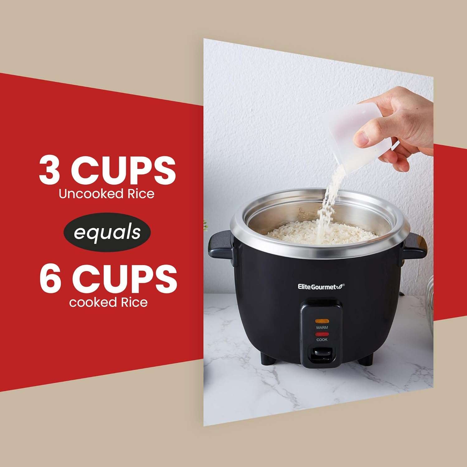 Elite Gourmet ERC003B Electric Rice Cooker with Automatic Keep Warm Makes Soups, Stews, Grains, Hot Cereals, 6 Cups Cooked (3 Cups Uncooked), Black - 6