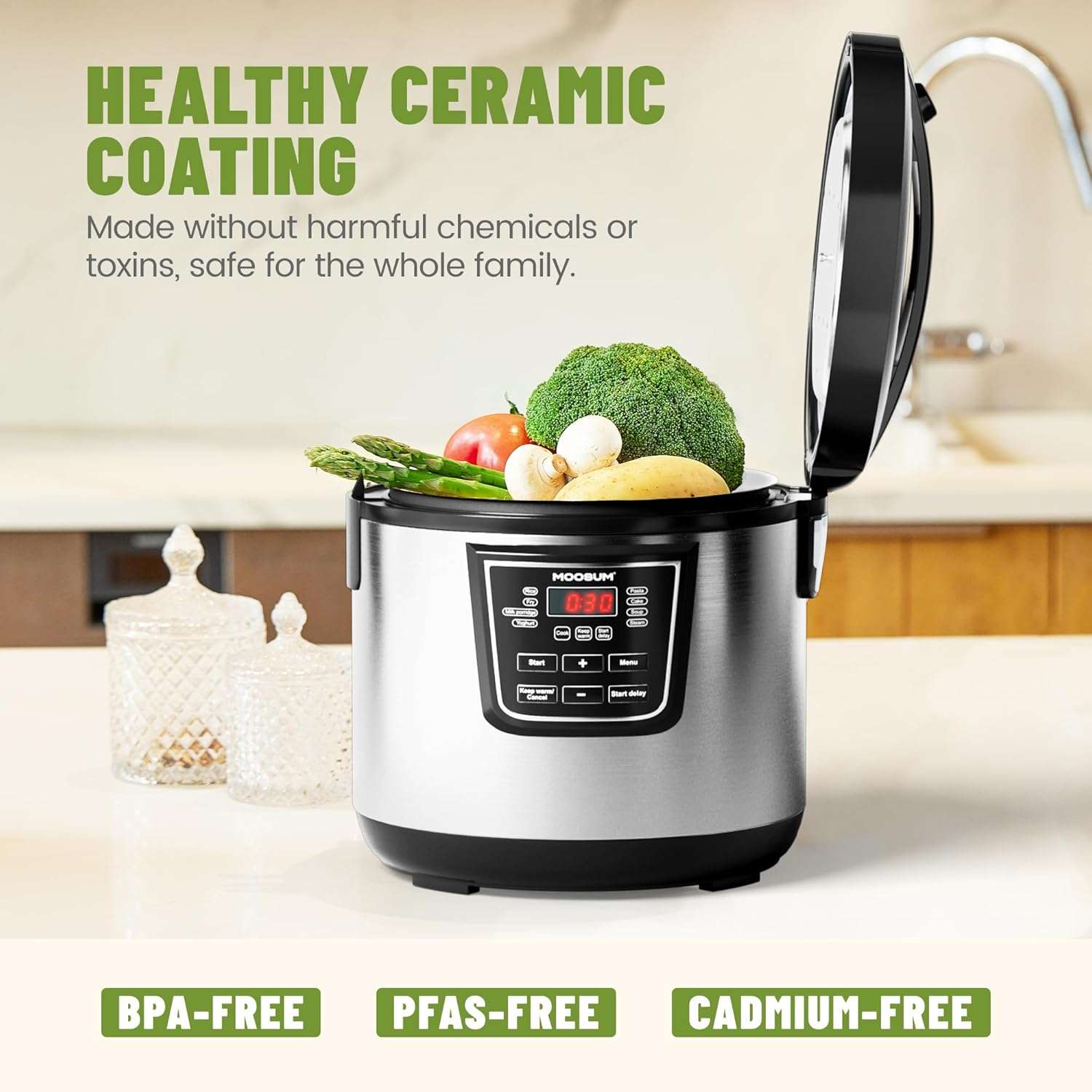 20 Cup Cooked (10 cup uncooked) Rice Cooker with 8 Functions, Healthy Cooking Ceramic Coating Pot, Removable Inner Coverwith Steamer, Silver - 2