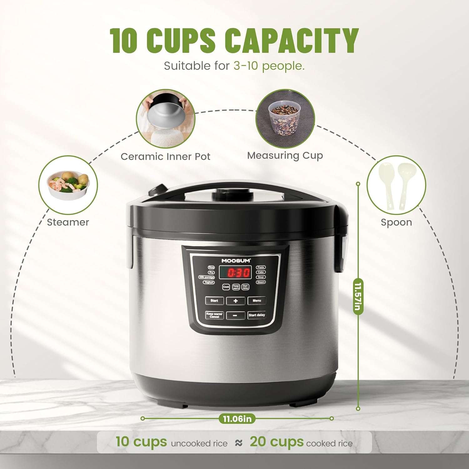 20 Cup Cooked (10 cup uncooked) Rice Cooker with 8 Functions, Healthy Cooking Ceramic Coating Pot, Removable Inner Coverwith Steamer, Silver - 3