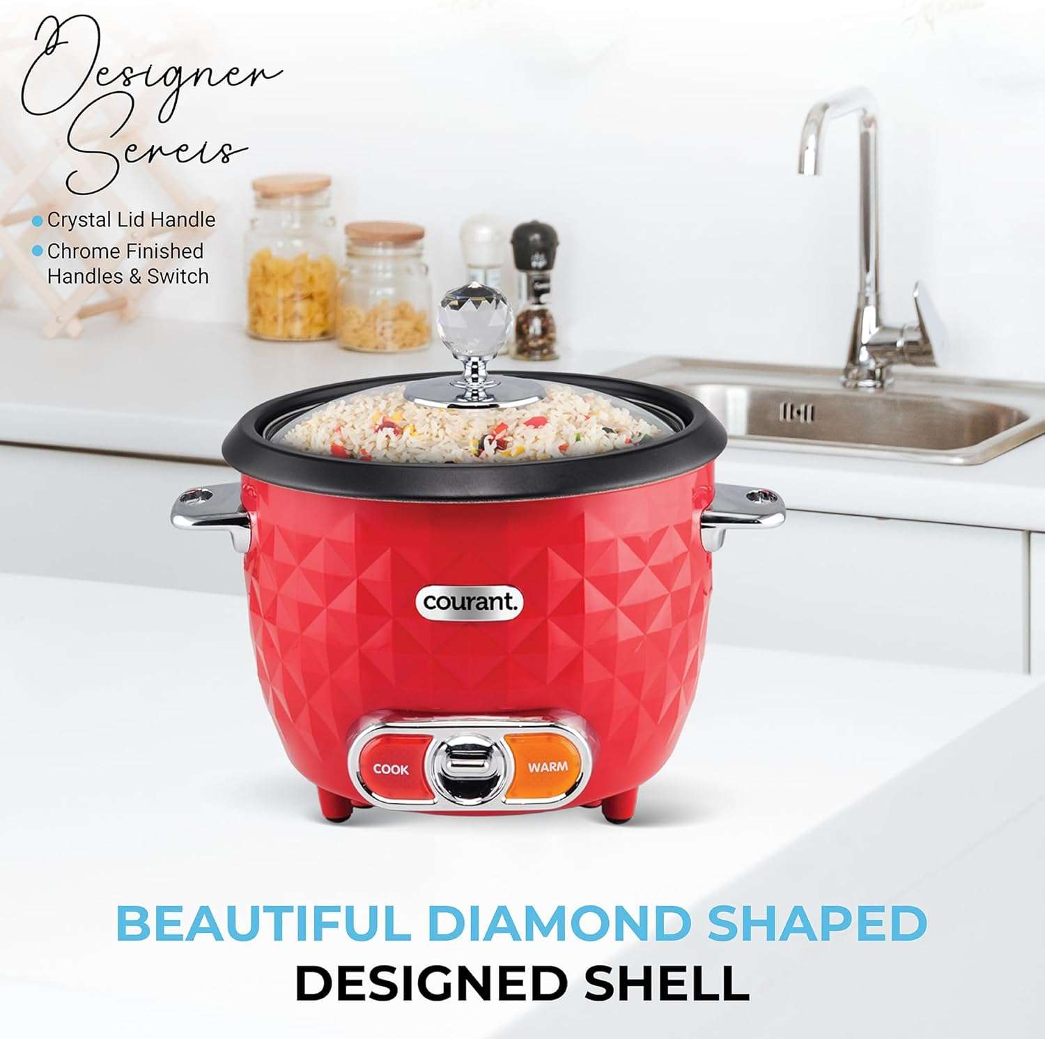 Courant 10-Cup (Cooked) - 5-Cup Uncooked Rice Cooker and Steamer with One-Touch Operation, Automatic Keep Warm Function, red - 2