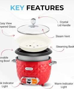 Courant 10-Cup (Cooked) - 5-Cup Uncooked Rice Cooker and Steamer with One-Touch Operation, Automatic Keep Warm Function, red - 5