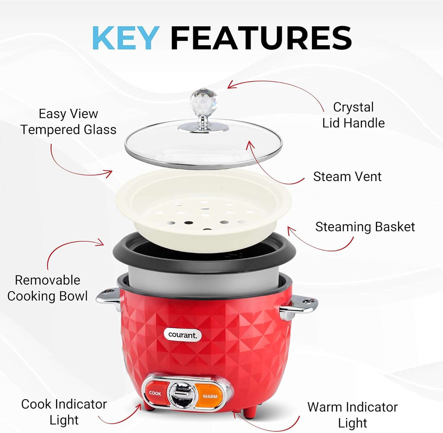 Courant 10-Cup (Cooked) - 5-Cup Uncooked Rice Cooker and Steamer with One-Touch Operation, Automatic Keep Warm Function, red - 5