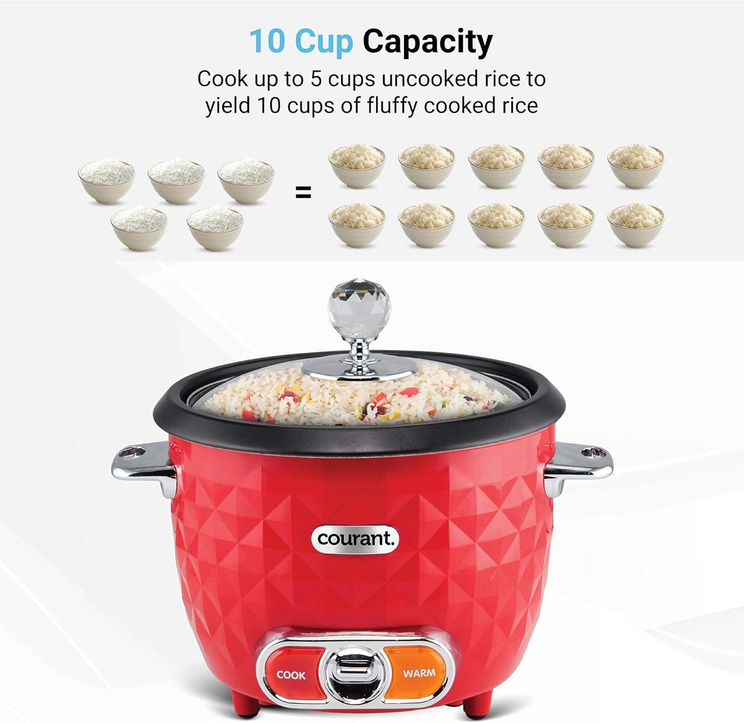 Courant 10-Cup (Cooked) - 5-Cup Uncooked Rice Cooker and Steamer with One-Touch Operation, Automatic Keep Warm Function, red - 7