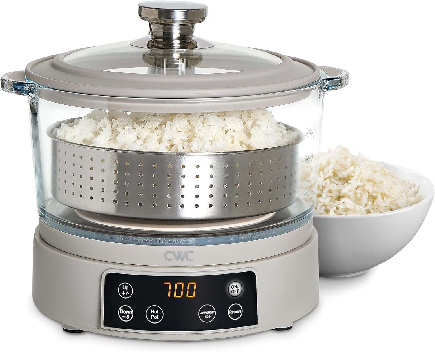 COOK WITH COLOR 3L Glass Low Carb Rice Cooker - Makes 6 Cups Low Sugar Rice with Auto Lift Filter Basket, Hotpot & Steamer for Rice, Grains and Oats, Digital Panel with Keep Warm Function, Sand - 1