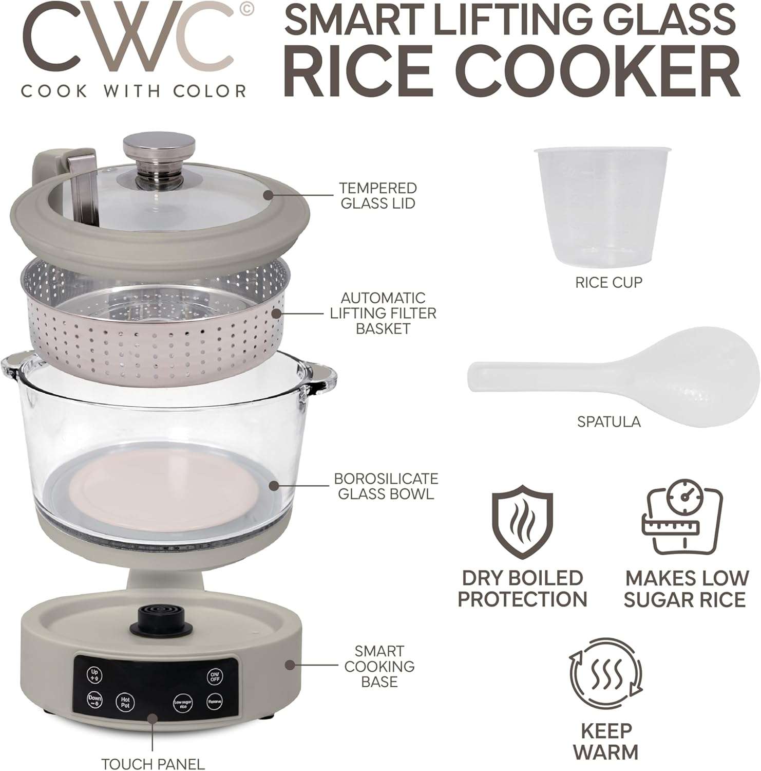 COOK WITH COLOR 3L Glass Low Carb Rice Cooker - Makes 6 Cups Low Sugar Rice with Auto Lift Filter Basket, Hotpot & Steamer for Rice, Grains and Oats, Digital Panel with Keep Warm Function, Sand - Image 3
