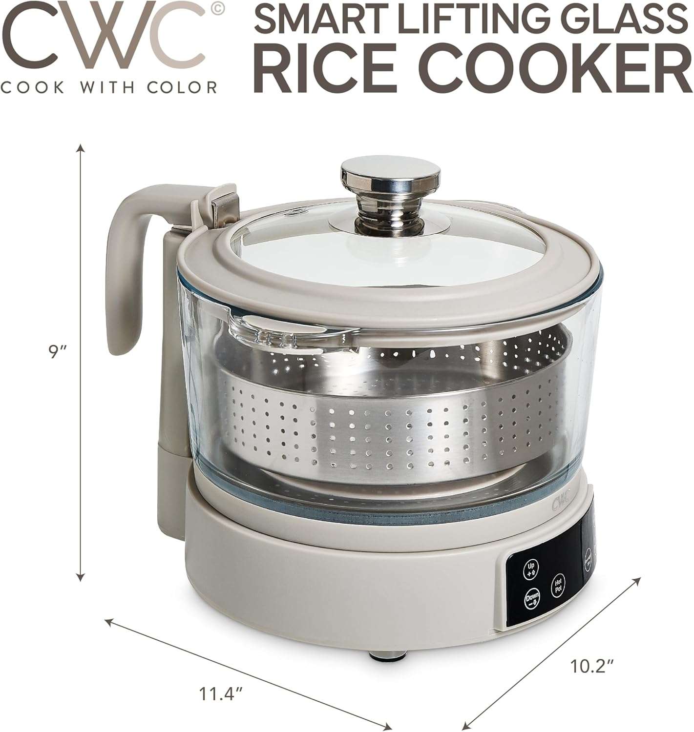 COOK WITH COLOR 3L Glass Low Carb Rice Cooker - Makes 6 Cups Low Sugar Rice with Auto Lift Filter Basket, Hotpot & Steamer for Rice, Grains and Oats, Digital Panel with Keep Warm Function, Sand - 3