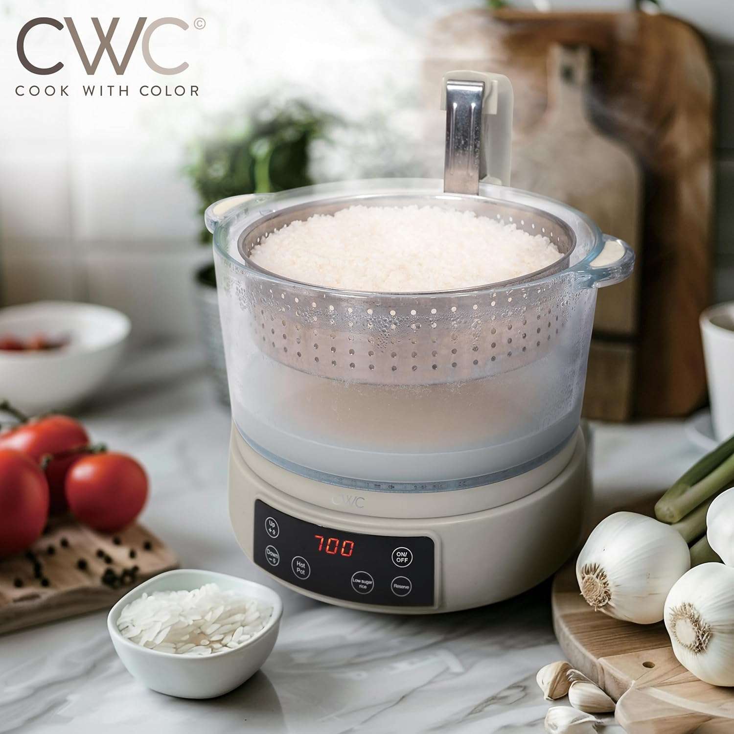 COOK WITH COLOR 3L Glass Low Carb Rice Cooker - Makes 6 Cups Low Sugar Rice with Auto Lift Filter Basket, Hotpot & Steamer for Rice, Grains and Oats, Digital Panel with Keep Warm Function, Sand - 4