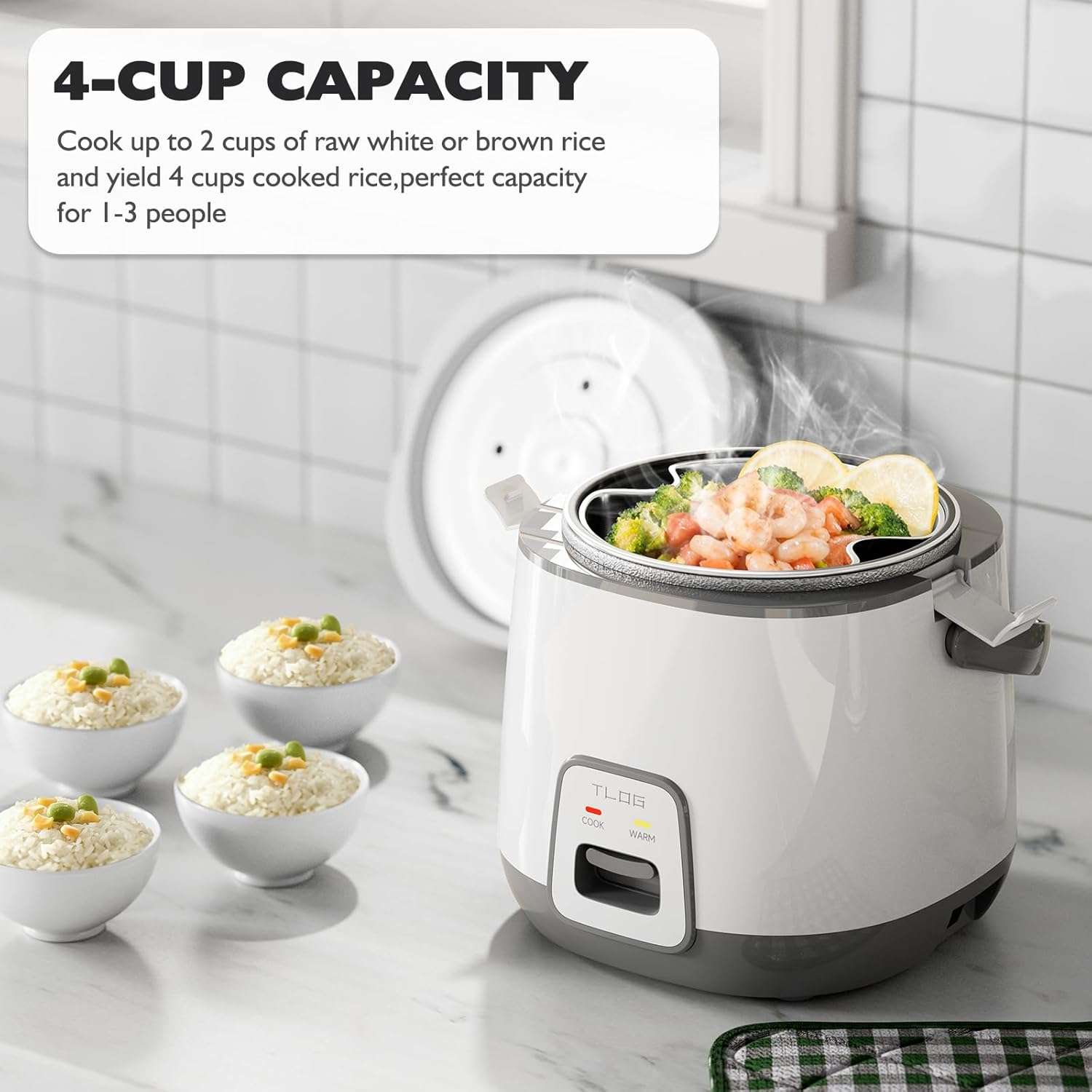 TLOG Mini Rice Cooker 2-Cup Uncooked, Healthy Non-stick Coating 1.2L Small Rice Maker for 1-3 People, Portable Travel Fast Cooker with Steam Tray, Rice Maker for Grains, White Rice - 2