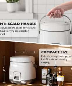 TLOG Mini Rice Cooker 2-Cup Uncooked, Healthy Non-stick Coating 1.2L Small Rice Maker for 1-3 People, Portable Travel Fast Cooker with Steam Tray, Rice Maker for Grains, White Rice - 3