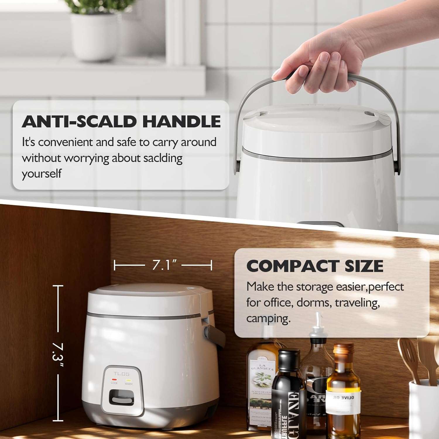 TLOG Mini Rice Cooker 2-Cup Uncooked, Healthy Non-stick Coating 1.2L Small Rice Maker for 1-3 People, Portable Travel Fast Cooker with Steam Tray, Rice Maker for Grains, White Rice - 3