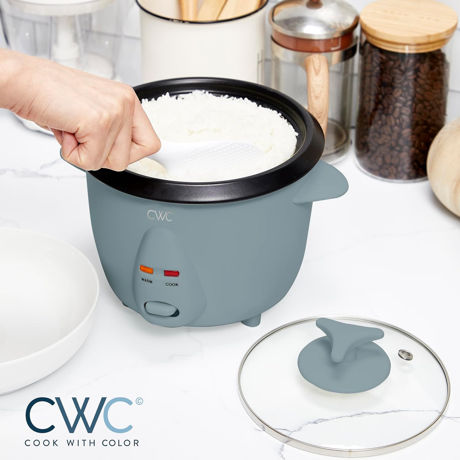 COOK WITH COLOR 6 Cup Rice Cooker 300W - Effortless Cooking and Perfectly, Cooks 3 Cups of Raw Rice for 6 Cups of Cooked Rice, Slate Blue - 2