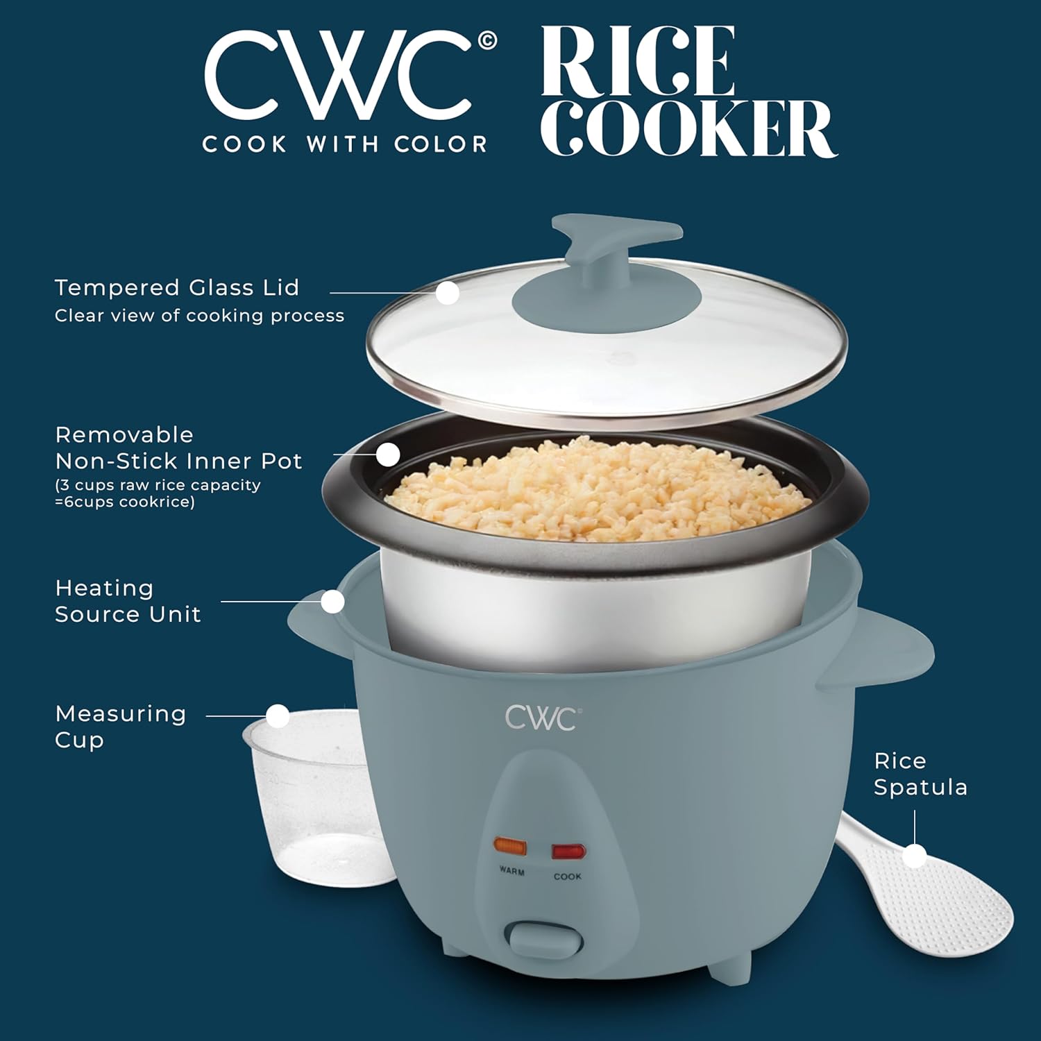 COOK WITH COLOR 6 Cup Rice Cooker 300W - Effortless Cooking and Perfectly, Cooks 3 Cups of Raw Rice for 6 Cups of Cooked Rice, Slate Blue - 4