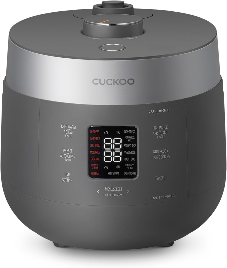 CUCKOO Twin Pressure Rice Cooker 6-Cup Uncooked - 12-Cup Cooked with Nonstick Inner Pot, Versatile Rice Maker & Warmer with 16 Menu Options, Open Cooking Mode, Voice Guide, Gray - 1