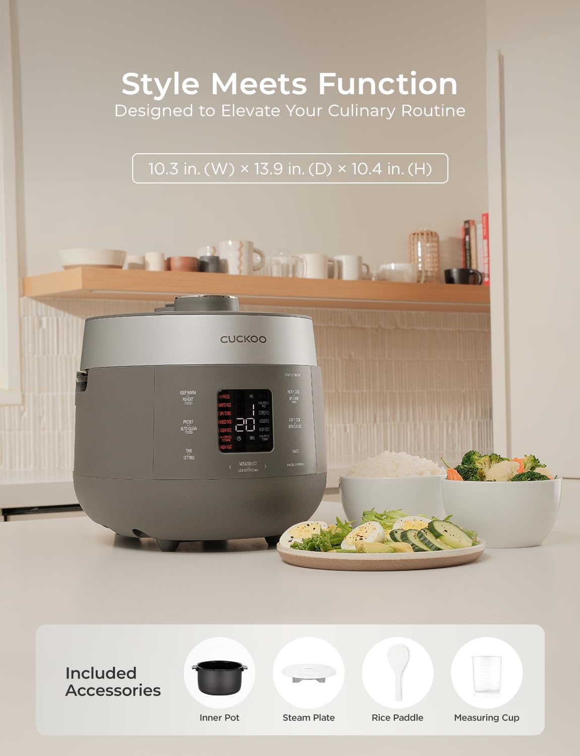 CUCKOO Twin Pressure Rice Cooker 6-Cup Uncooked - 12-Cup Cooked with Nonstick Inner Pot, Versatile Rice Maker & Warmer with 16 Menu Options, Open Cooking Mode, Voice Guide, Gray - 12