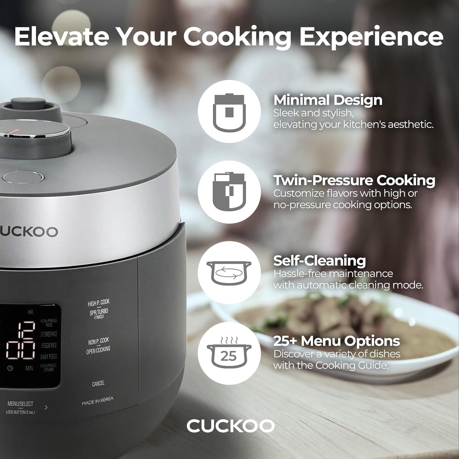 CUCKOO Twin Pressure Rice Cooker 6-Cup Uncooked - 12-Cup Cooked with Nonstick Inner Pot, Versatile Rice Maker & Warmer with 16 Menu Options, Open Cooking Mode, Voice Guide, Gray - 3