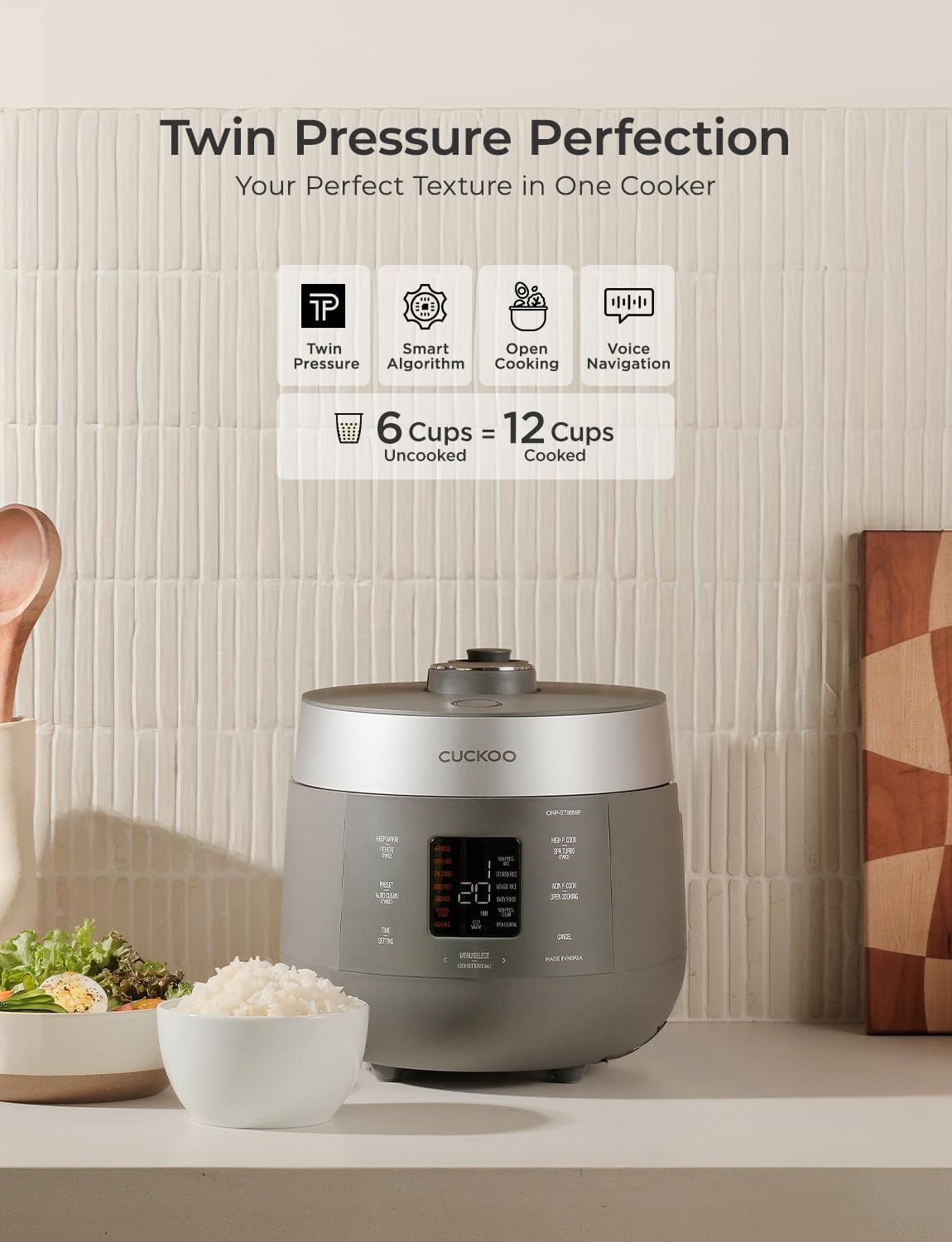 CUCKOO Twin Pressure Rice Cooker 6-Cup Uncooked - 12-Cup Cooked with Nonstick Inner Pot, Versatile Rice Maker & Warmer with 16 Menu Options, Open Cooking Mode, Voice Guide, Gray - 5