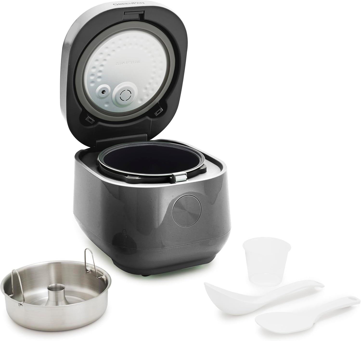 GreenPan Rice Cooker, 8 Cups Cooked (4 Uncooked), Low-Carb & Soup Mode,10 ONE-TOUCH Cooking Presets, PFAS-Free Ceramic Steamer Basket, Fuzzy Logic, Auto Keep Warm, Oats, 24HR Delay Timer, Graphite - 1