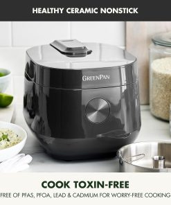 GreenPan Rice Cooker, 8 Cups Cooked (4 Uncooked), Low-Carb & Soup Mode,10 ONE-TOUCH Cooking Presets, PFAS-Free Ceramic Steamer Basket, Fuzzy Logic, Auto Keep Warm, Oats, 24HR Delay Timer, Graphite - 2
