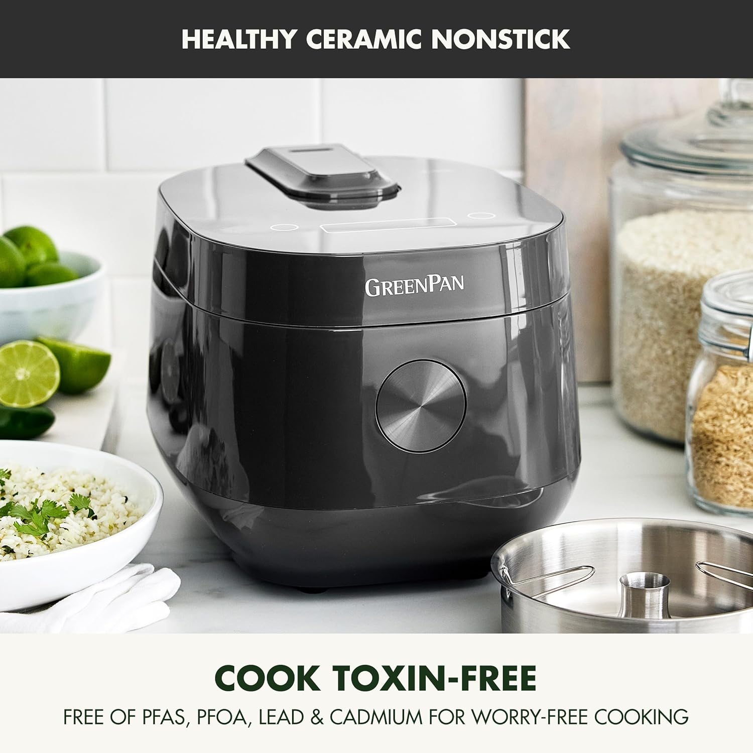 GreenPan Rice Cooker, 8 Cups Cooked (4 Uncooked), Low-Carb & Soup Mode,10 ONE-TOUCH Cooking Presets, PFAS-Free Ceramic Steamer Basket, Fuzzy Logic, Auto Keep Warm, Oats, 24HR Delay Timer, Graphite - 2
