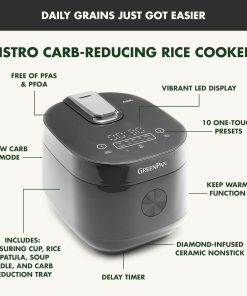 GreenPan Rice Cooker, 8 Cups Cooked (4 Uncooked), Low-Carb & Soup Mode,10 ONE-TOUCH Cooking Presets, PFAS-Free Ceramic Steamer Basket, Fuzzy Logic, Auto Keep Warm, Oats, 24HR Delay Timer, Graphite - 5