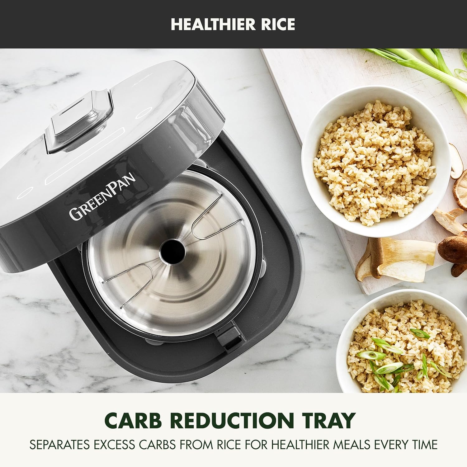 GreenPan Rice Cooker, 8 Cups Cooked (4 Uncooked), Low-Carb & Soup Mode,10 ONE-TOUCH Cooking Presets, PFAS-Free Ceramic Steamer Basket, Fuzzy Logic, Auto Keep Warm, Oats, 24HR Delay Timer, Graphite - 6