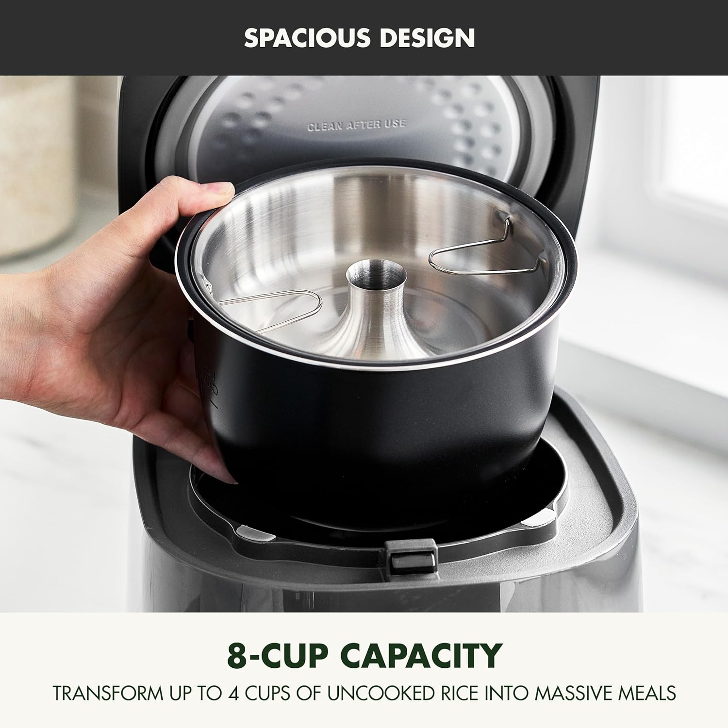 GreenPan Rice Cooker, 8 Cups Cooked (4 Uncooked), Low-Carb & Soup Mode,10 ONE-TOUCH Cooking Presets, PFAS-Free Ceramic Steamer Basket, Fuzzy Logic, Auto Keep Warm, Oats, 24HR Delay Timer, Graphite - 7