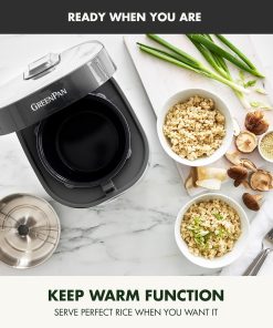 GreenPan Rice Cooker, 8 Cups Cooked (4 Uncooked), Low-Carb & Soup Mode,10 ONE-TOUCH Cooking Presets, PFAS-Free Ceramic Steamer Basket, Fuzzy Logic, Auto Keep Warm, Oats, 24HR Delay Timer, Graphite - 8