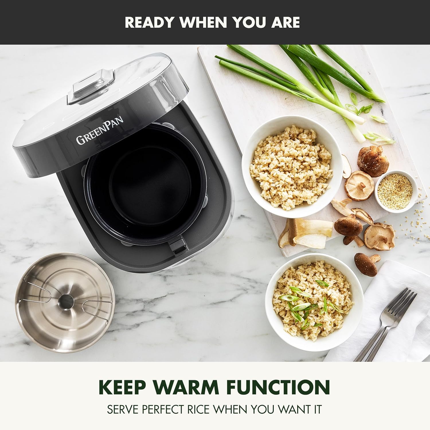 GreenPan Rice Cooker, 8 Cups Cooked (4 Uncooked), Low-Carb & Soup Mode,10 ONE-TOUCH Cooking Presets, PFAS-Free Ceramic Steamer Basket, Fuzzy Logic, Auto Keep Warm, Oats, 24HR Delay Timer, Graphite - 8