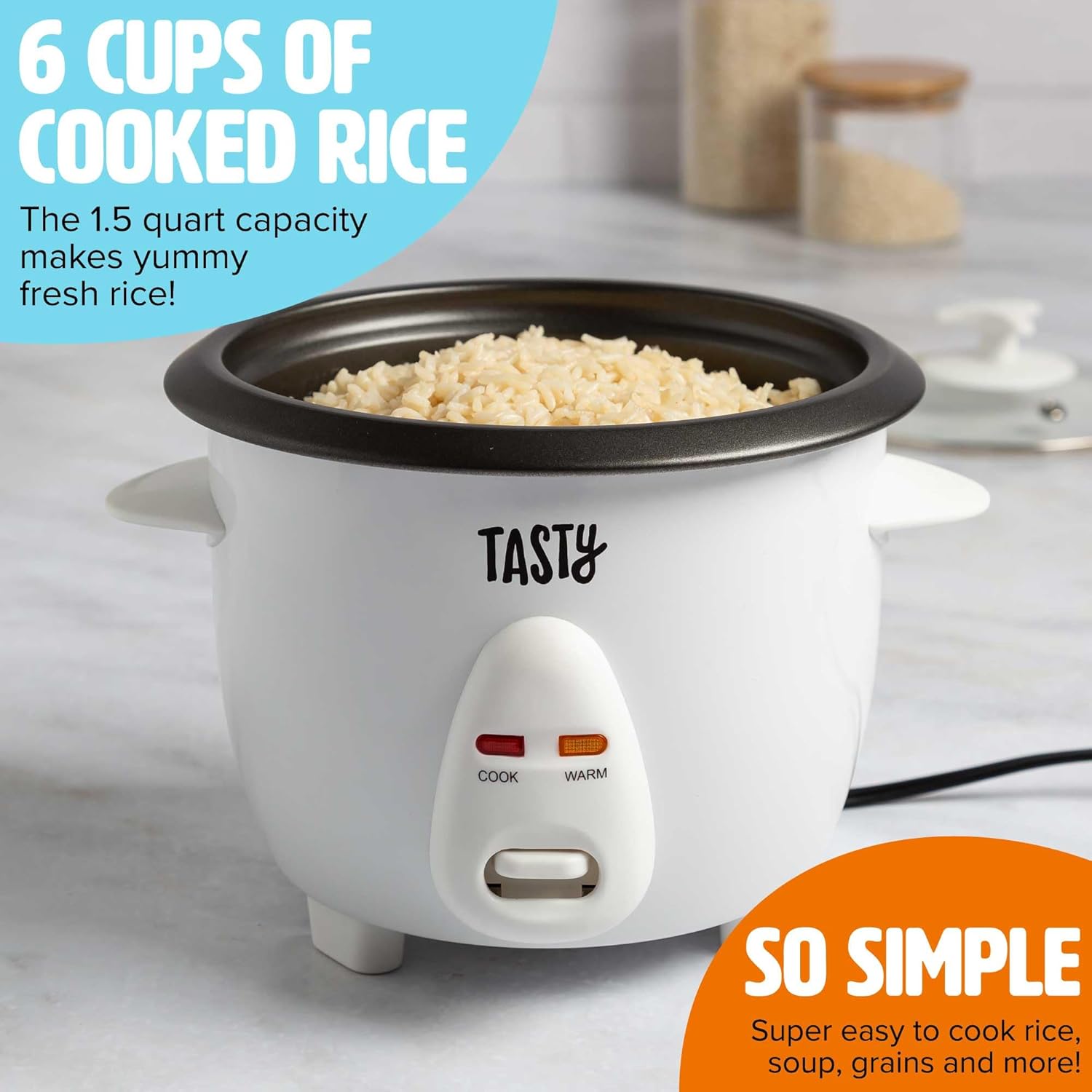 Tasty Mini Rice Cooker with Removable Nonstick Bowl and Auto Keep Warm Function, Great For Soups, Stews, Grains and Oats, 6 Cups Cooked (3 Cups Uncooked), 1.5-Quart, White - 2