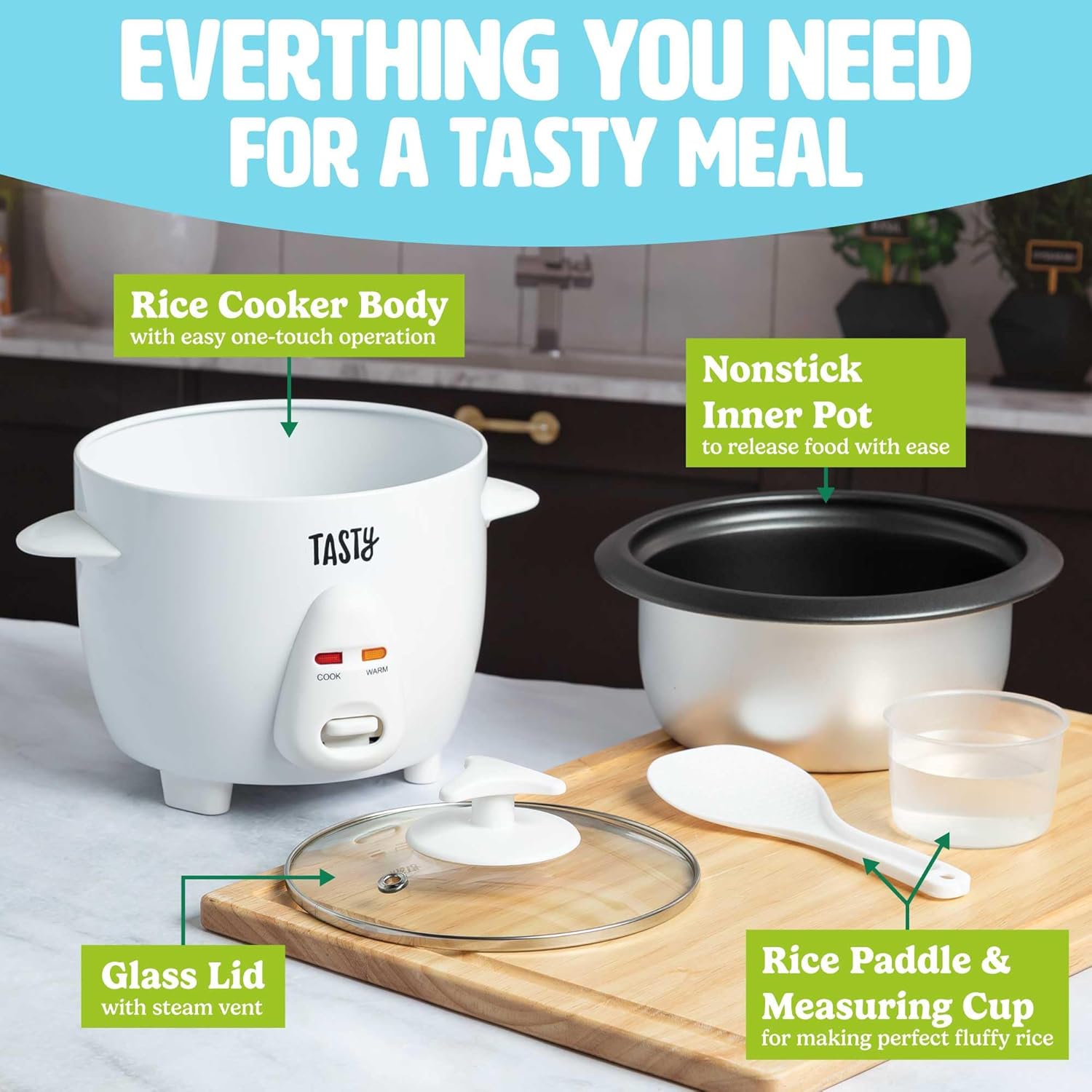 Tasty Mini Rice Cooker with Removable Nonstick Bowl and Auto Keep Warm Function, Great For Soups, Stews, Grains and Oats, 6 Cups Cooked (3 Cups Uncooked), 1.5-Quart, White - 4