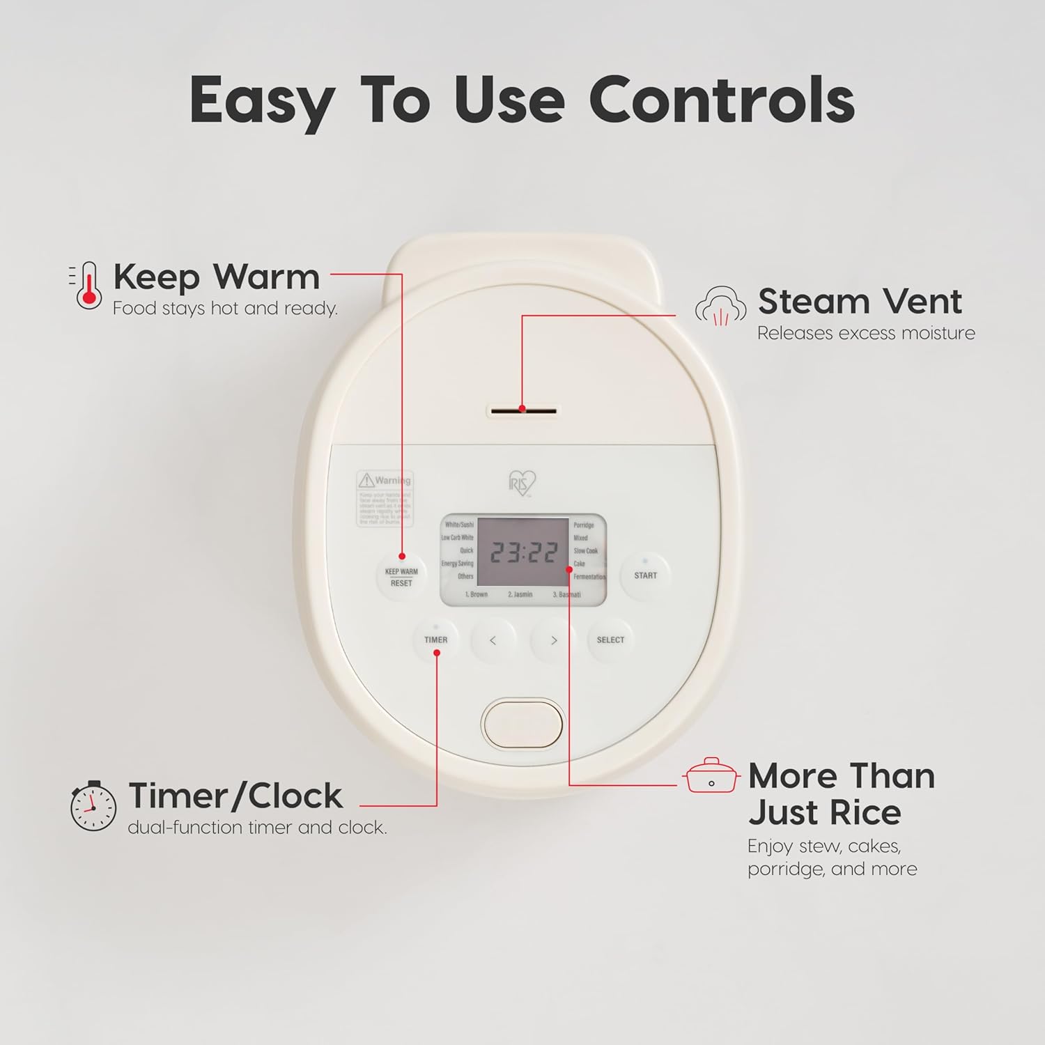 IRIS USA Micom Japanese Rice Cooker, 3-Cup Uncooked-6-Cup Cooked, Fuzzy Logic Kitchen Appliance with Recipe Presets, Slow Cooker, Steamer, Hot Pot & Warming Function - 3