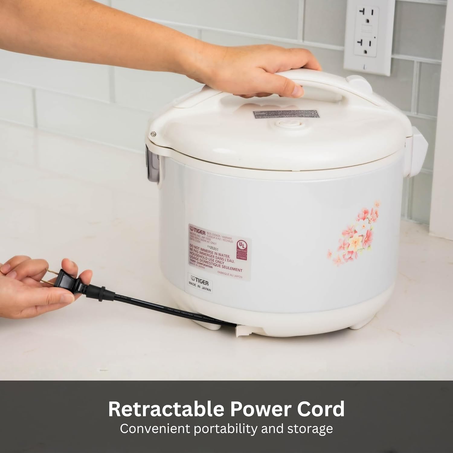 Tiger JNP-1000-LF 5.5 Cup Capacity White Rice Cooker with Non-Stick Inner Pot, Retractable Power Cord, and Keep Warm up to 12 hours (Flower) - 4
