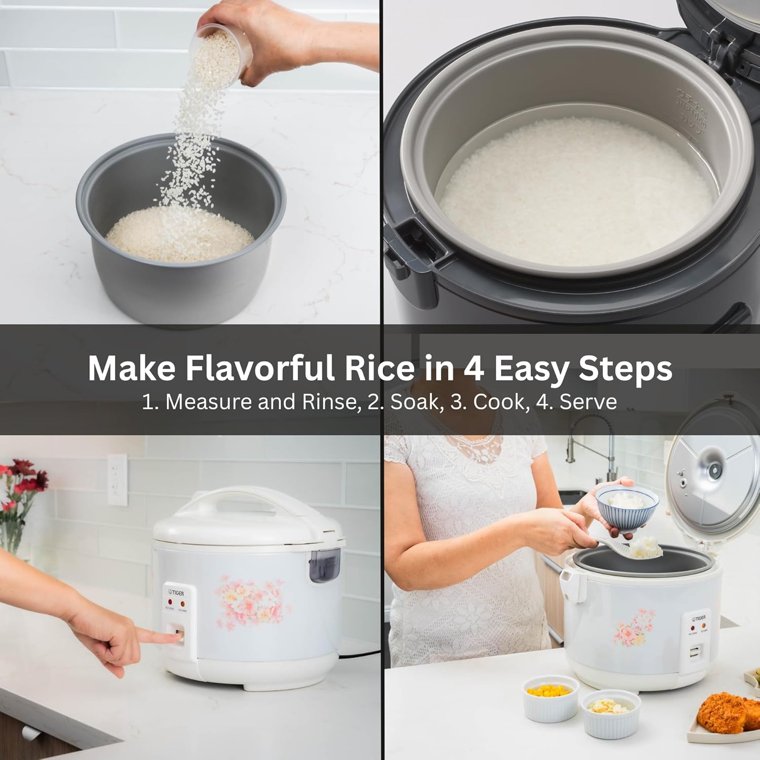 Tiger JNP-1000-LF 5.5 Cup Capacity White Rice Cooker with Non-Stick Inner Pot, Retractable Power Cord, and Keep Warm up to 12 hours (Flower) - 7
