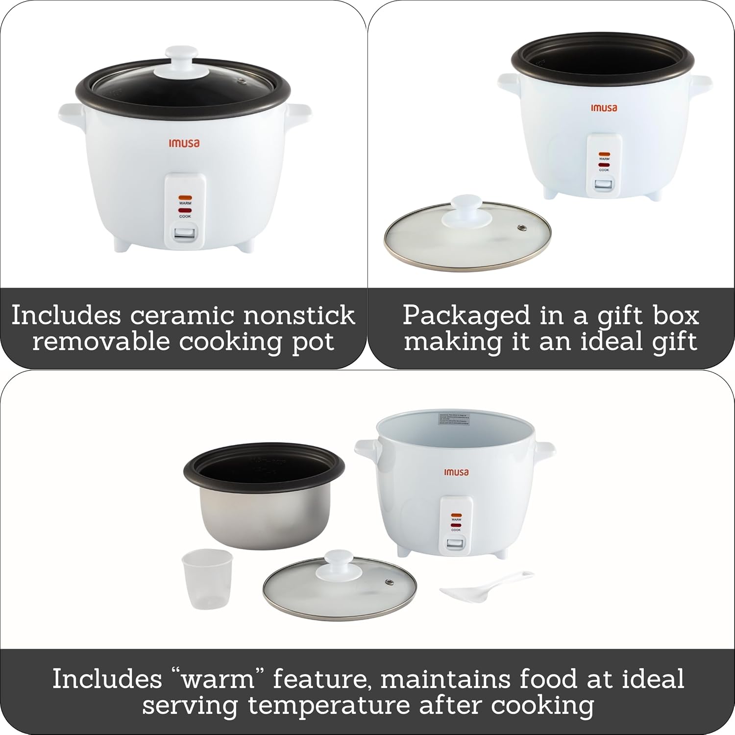 IMUSA Mini Electric Rice Cooker 6 Cup Cooked 3 Cup Uncooked – Ceramic Nonstick Pot, Small Multi Cooker for Rice, Quinoa, Oatmeal, Stew – Keep Warm – Compact for Dorm RV Kitchen - 2