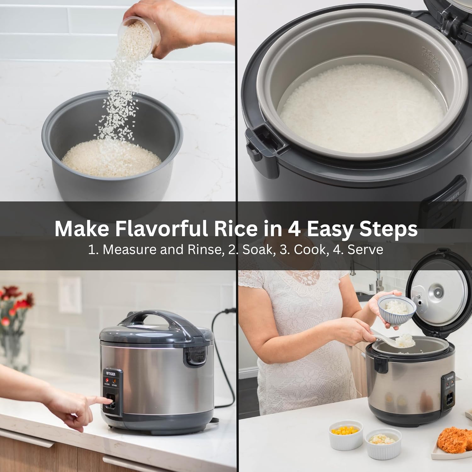 Tiger JNP-S18U-US 10 Cup Capacity White Rice Cooker with Non-Stick Inner Pot, Retractable Power Cord, and Keep Warm up to 12 hours (Urban Satin) - 7