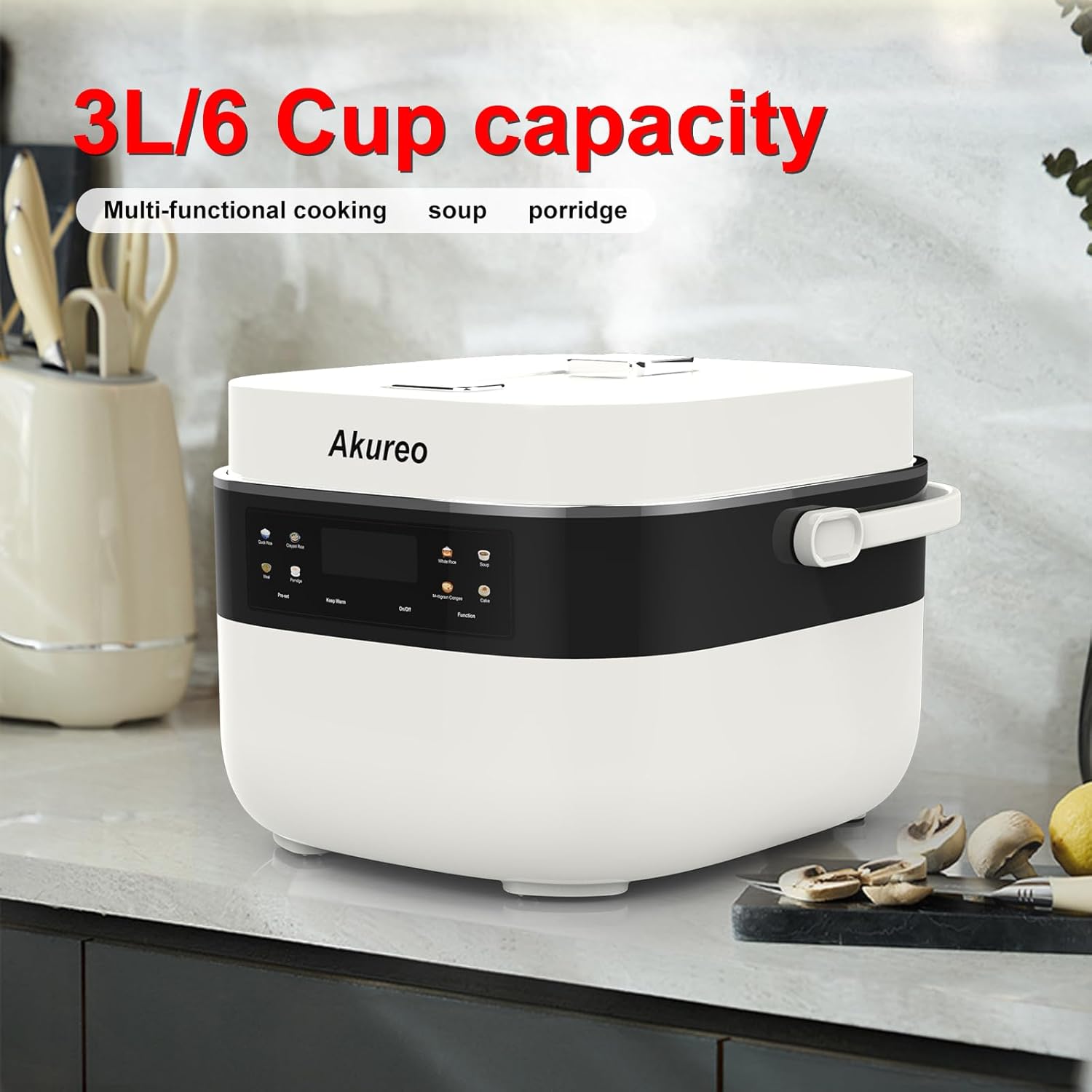 3L Smart Rice Cooker, 6-Cup Uncooked, Fuzzy Logic, Stainless steel spherical inner pot with non-stick ceramic glaze coating, Keep Warm, Cream White - 2