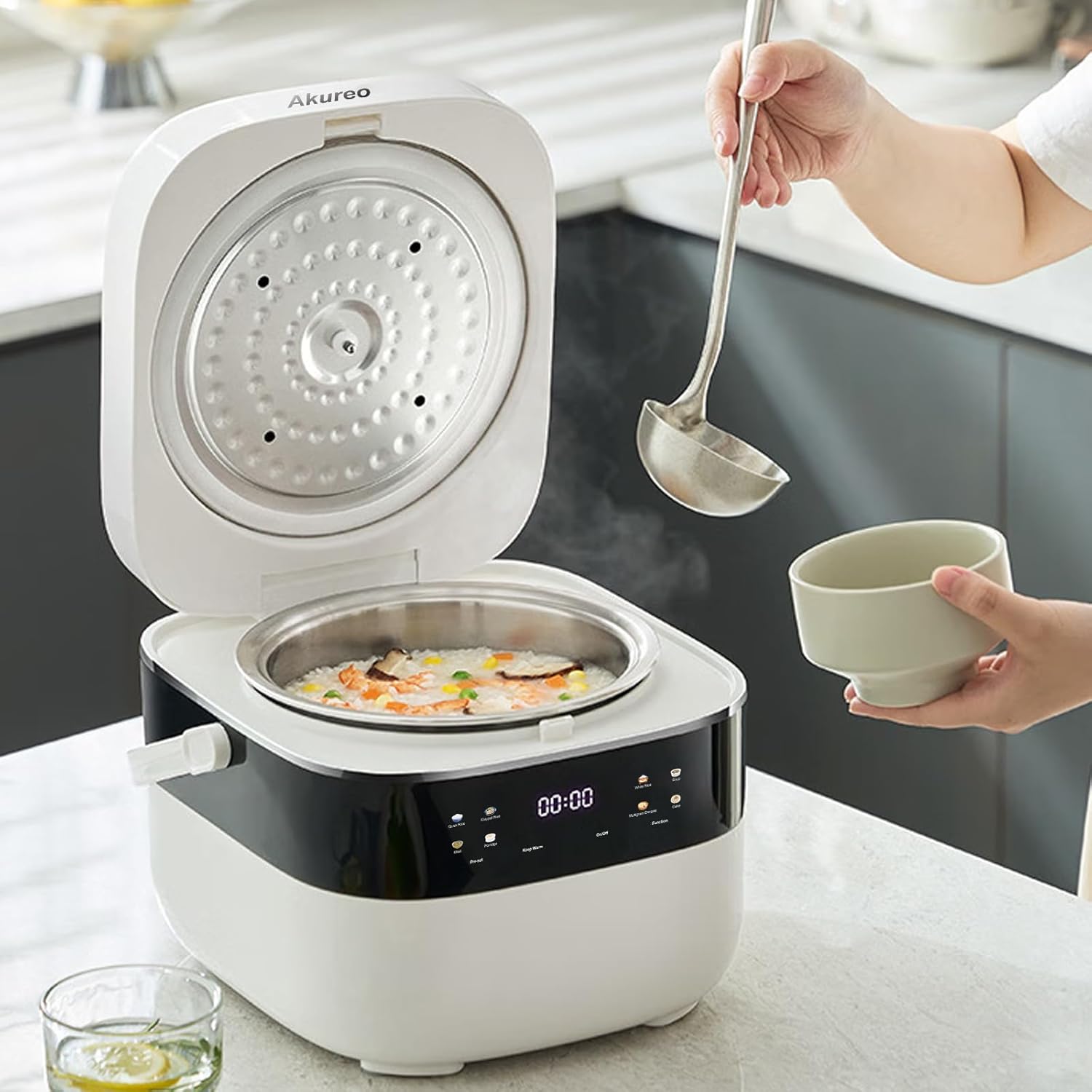 3L Smart Rice Cooker, 6-Cup Uncooked, Fuzzy Logic, Stainless steel spherical inner pot with non-stick ceramic glaze coating, Keep Warm, Cream White - 5