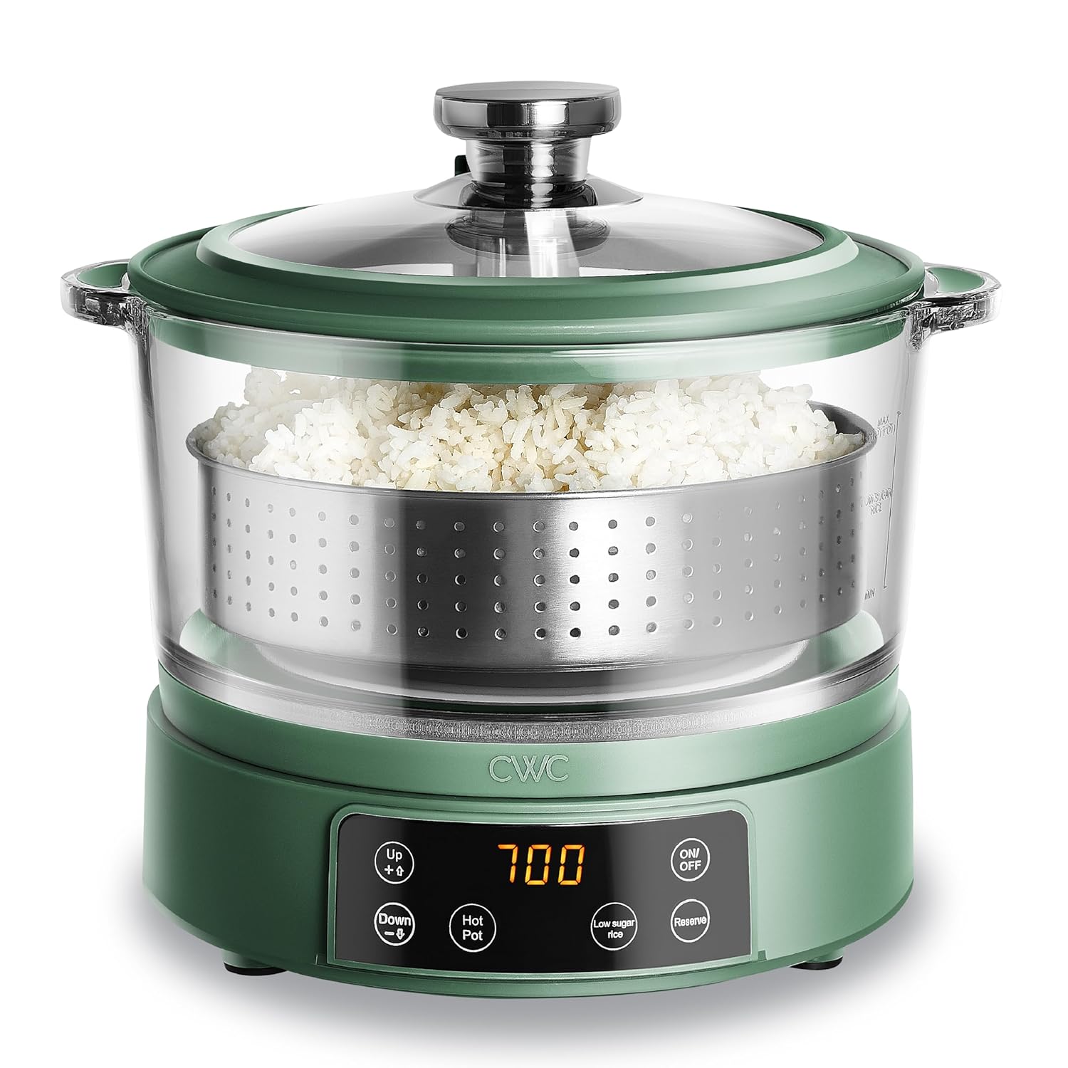 COOK WITH COLOR 3L Glass Mini Low Carb Rice Cooker – Holds 2 Cups Raw-Makes 6 Cups Cooked with Auto Lift Filter Basket, Hotpot & Steamer for Rice, Grains, Digital Panel with Keep Warm, Dark Sage - 1