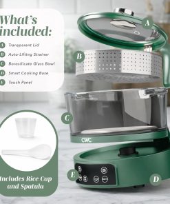 COOK WITH COLOR 3L Glass Mini Low Carb Rice Cooker – Holds 2 Cups Raw-Makes 6 Cups Cooked with Auto Lift Filter Basket, Hotpot & Steamer for Rice, Grains, Digital Panel with Keep Warm, Dark Sage - 2