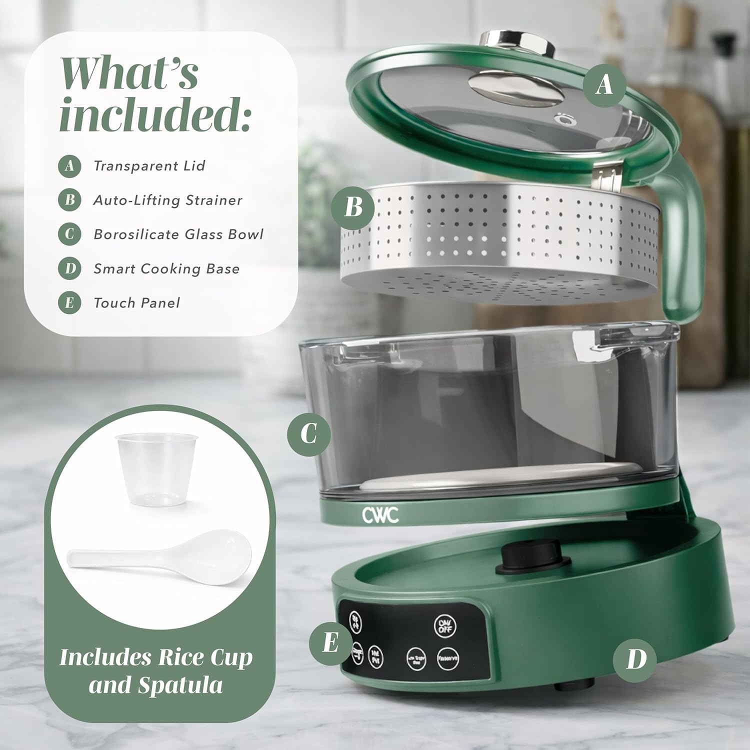 COOK WITH COLOR 3L Glass Mini Low Carb Rice Cooker – Holds 2 Cups Raw-Makes 6 Cups Cooked with Auto Lift Filter Basket, Hotpot & Steamer for Rice, Grains, Digital Panel with Keep Warm, Dark Sage - 2