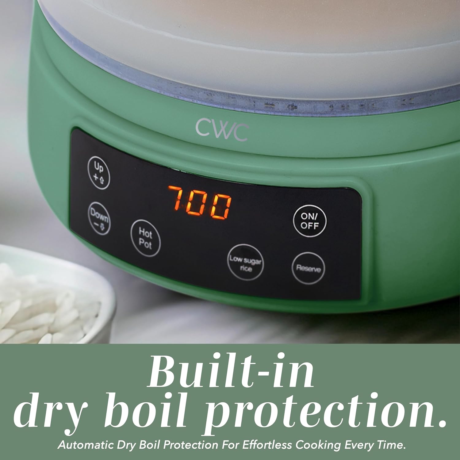 COOK WITH COLOR 3L Glass Mini Low Carb Rice Cooker – Holds 2 Cups Raw-Makes 6 Cups Cooked with Auto Lift Filter Basket, Hotpot & Steamer for Rice, Grains, Digital Panel with Keep Warm, Dark Sage - 4