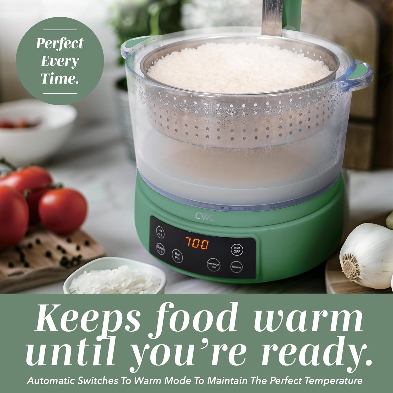 COOK WITH COLOR 3L Glass Mini Low Carb Rice Cooker – Holds 2 Cups Raw-Makes 6 Cups Cooked with Auto Lift Filter Basket, Hotpot & Steamer for Rice, Grains, Digital Panel with Keep Warm, Dark Sage - 5