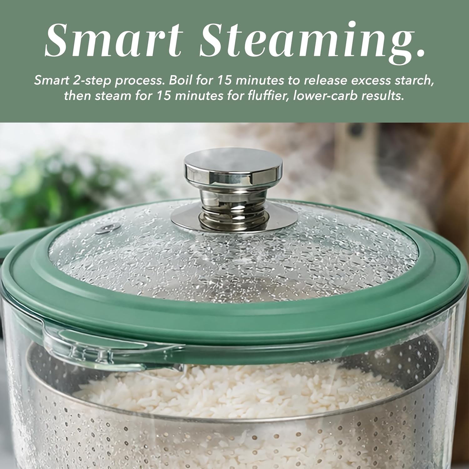 COOK WITH COLOR 3L Glass Mini Low Carb Rice Cooker – Holds 2 Cups Raw-Makes 6 Cups Cooked with Auto Lift Filter Basket, Hotpot & Steamer for Rice, Grains, Digital Panel with Keep Warm, Dark Sage - 6