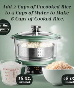 COOK WITH COLOR 3L Glass Mini Low Carb Rice Cooker – Holds 2 Cups Raw-Makes 6 Cups Cooked with Auto Lift Filter Basket, Hotpot & Steamer for Rice, Grains, Digital Panel with Keep Warm, Dark Sage - 8
